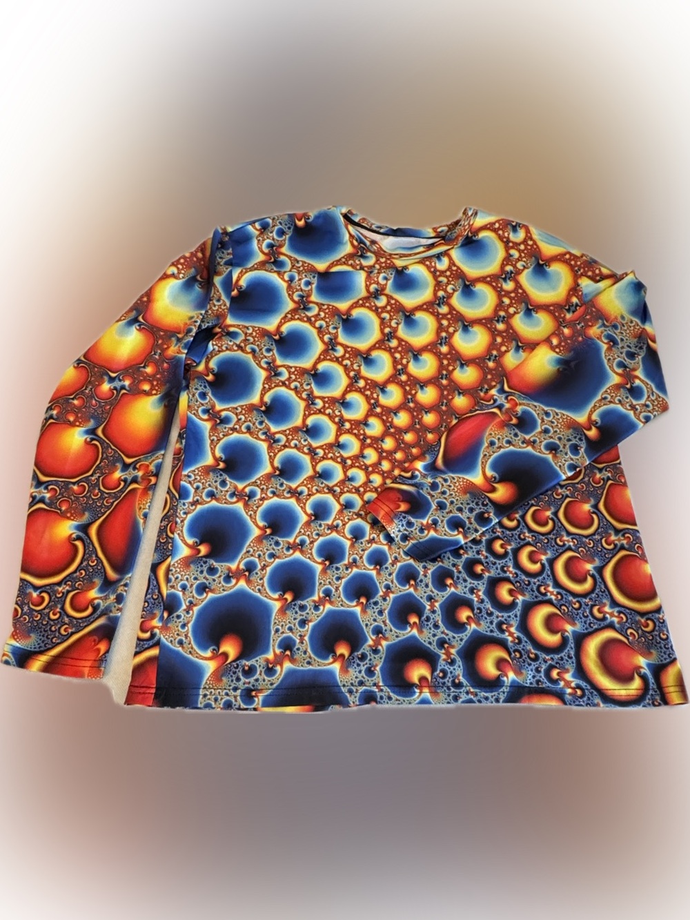 Psychedelic Fractal Print Long Sleeve Top Abstract Y2K Festival Art Size XL